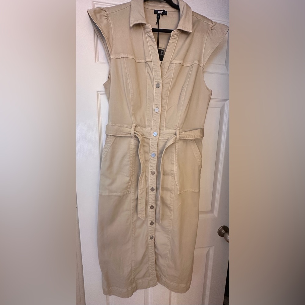 PAIGE Beige/Tan Button-Front Midi Dress